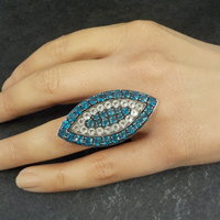 Large Sterling Silver Blue & White Topaz Eye Ring Size 6