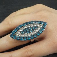 Large Sterling Silver Blue & White Topaz Eye Ring Size 6