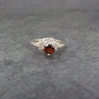 14K White Gold Art Deco High Set Garnet Filigree Ring Size 4.75