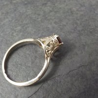 14K White Gold Art Deco High Set Garnet Filigree Ring Size 4.75
