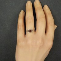 14K White Gold Art Deco High Set Garnet Filigree Ring Size 4.75