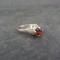 14K White Gold Art Deco High Set Garnet Filigree Ring Size 4.75