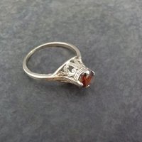 14K White Gold Art Deco High Set Garnet Filigree Ring Size 4.75