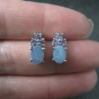 Sterling Silver Opal Doublet and Tanzanite Stud Earrings