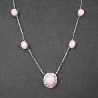 Vintage Sterling Pink Opal White Topaz Halo Necklace 24 Inches