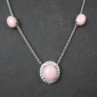Vintage Sterling Pink Opal White Topaz Halo Necklace 24 Inches
