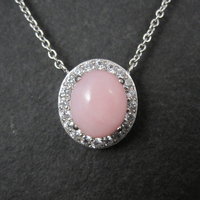 Vintage Sterling Pink Opal White Topaz Halo Necklace 24 Inches