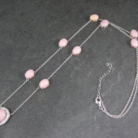 Vintage Sterling Pink Opal White Topaz Halo Necklace 24 Inches