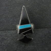Vintage Sterling Silver Jet and Turquoise Inlay Arrowhead Ring Size 6 Signed