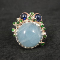 Artisan Sterling Silver Aquamarine Chrome Diopside Iolite Branch Ring Size 8