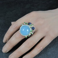 Artisan Sterling Silver Aquamarine Chrome Diopside Iolite Branch Ring Size 8