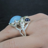 Artisan Sterling Silver Aquamarine Chrome Diopside Iolite Branch Ring Size 8