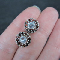 Quartz and Garnet Halo Stud Earrings Sterling Silver