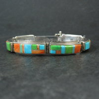 Vintage Southwestern Gemstone Inlay Bracelet Sterling Silver 6.75"