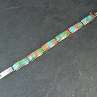 Vintage Southwestern Gemstone Inlay Bracelet Sterling Silver 6.75"