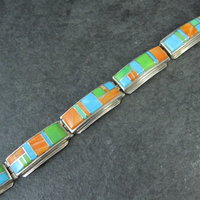 Vintage Southwestern Gemstone Inlay Bracelet Sterling Silver 6.75"