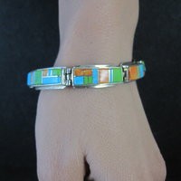 Vintage Southwestern Gemstone Inlay Bracelet Sterling Silver 6.75"