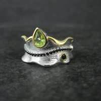 Unique Peridot & Black Spinel Ring Size 7 Sterling Silver & Vermeil