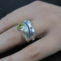 Unique Peridot & Black Spinel Ring Size 7 Sterling Silver & Vermeil