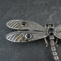 Large Sterling Silver Dragonfly Brooch with Onyx Enamel Marcasites