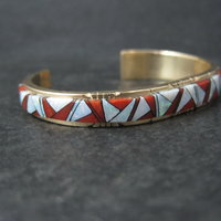 Vintage 14K Coral Opal Inlay Cuff Bracelet 5.75 Inches