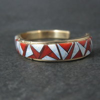Vintage 14K Coral Opal Inlay Cuff Bracelet 5.75 Inches
