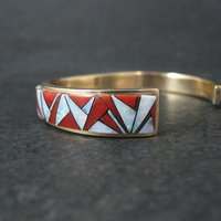 Vintage 14K Coral Opal Inlay Cuff Bracelet 5.75 Inches