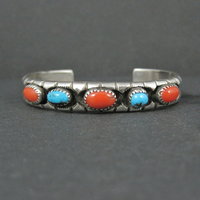 Vintage Navajo Turquoise and Coral Cuff Bracelet Sterling Silver 6.25" Eunice Claw