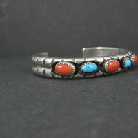 Vintage Navajo Turquoise and Coral Cuff Bracelet Sterling Silver 6.25" Eunice Claw