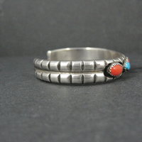 Vintage Navajo Turquoise and Coral Cuff Bracelet Sterling Silver 6.25" Eunice Claw