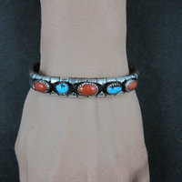 Vintage Navajo Turquoise and Coral Cuff Bracelet Sterling Silver 6.25" Eunice Claw