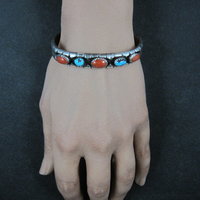 Vintage Navajo Turquoise and Coral Cuff Bracelet Sterling Silver 6.25" Eunice Claw