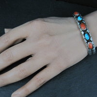 Vintage Navajo Turquoise and Coral Cuff Bracelet Sterling Silver 6.25" Eunice Claw