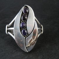 Navajo Sugilite Feather Cuff Bracelet Wilbert Cora Vandever 6.25" Sterling Silver & 14K Yellow Gold