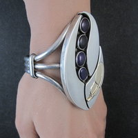 Navajo Sugilite Feather Cuff Bracelet Wilbert Cora Vandever 6.25" Sterling Silver & 14K Yellow Gold
