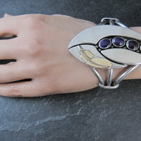 Navajo Sugilite Feather Cuff Bracelet Wilbert Cora Vandever 6.25" Sterling Silver & 14K Yellow Gold