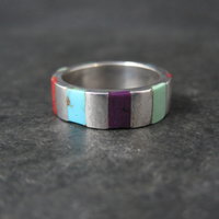 Vintage Inlaid Band Ring Southwestern Sterling Silver Size 7
