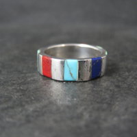 Vintage Inlaid Band Ring Southwestern Sterling Silver Size 7