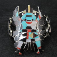 Vintage Zuni Turquoise Coral Inlay Knifewing Cuff Bracelet Annalee Tekala