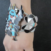 Vintage Zuni Turquoise Coral Inlay Knifewing Cuff Bracelet Annalee Tekala