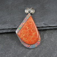 Large Vintage Sponge Coral and Fire Opal Inlay Pendant Zuni Reynetsa Leland 
