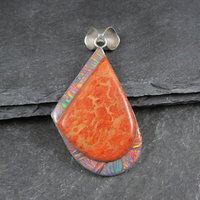 Large Vintage Sponge Coral and Fire Opal Inlay Pendant Zuni Reynetsa Leland 