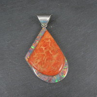Large Vintage Sponge Coral and Fire Opal Inlay Pendant Zuni Reynetsa Leland 