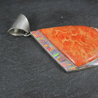 Large Vintage Sponge Coral and Fire Opal Inlay Pendant Zuni Reynetsa Leland 