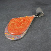 Large Vintage Sponge Coral and Fire Opal Inlay Pendant Zuni Reynetsa Leland 