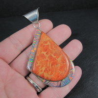 Large Vintage Sponge Coral and Fire Opal Inlay Pendant Zuni Reynetsa Leland 