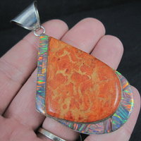 Large Vintage Sponge Coral and Fire Opal Inlay Pendant Zuni Reynetsa Leland 
