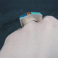 Vintage Southwestern Sterling Turquoise Spiny Oyster Inlay Ring Size 7