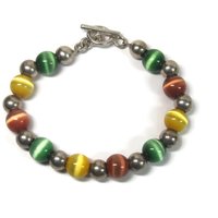 Chunky Vintage Sterling Cats Eye Bead Toggle Bracelet 7.5 Inches