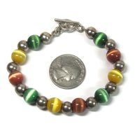Chunky Vintage Sterling Cats Eye Bead Toggle Bracelet 7.5 Inches